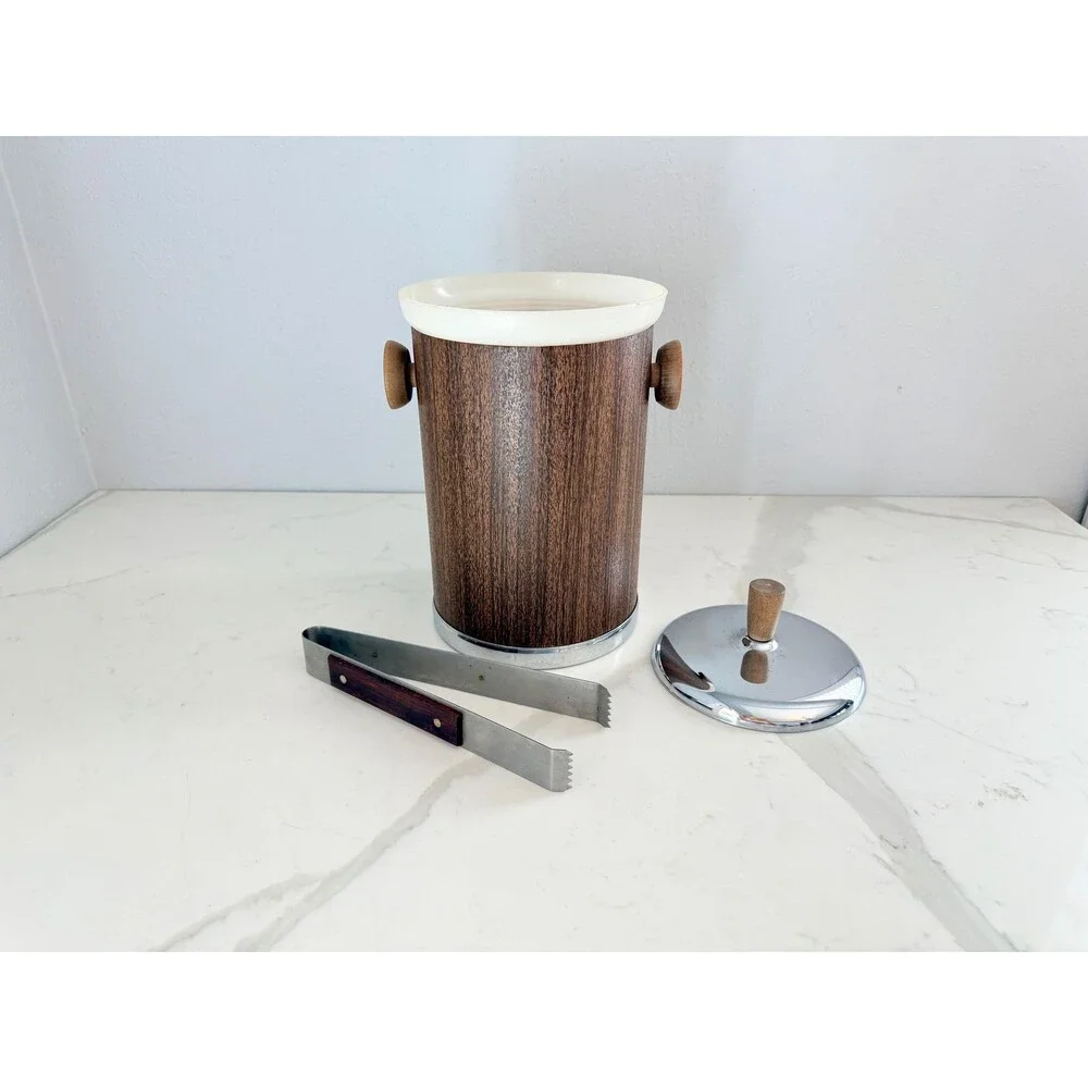 Vintage 1960s Kromex Ice Bucket with Tongs - Marked Made in USA Bar Cart